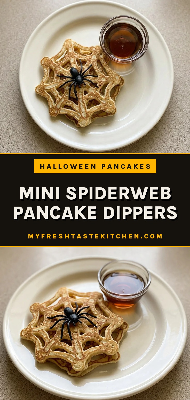 Mini spiderweb pancake dippers on a plate, golden brown with buttermilk pancake texture, ready for halloween breakfast.