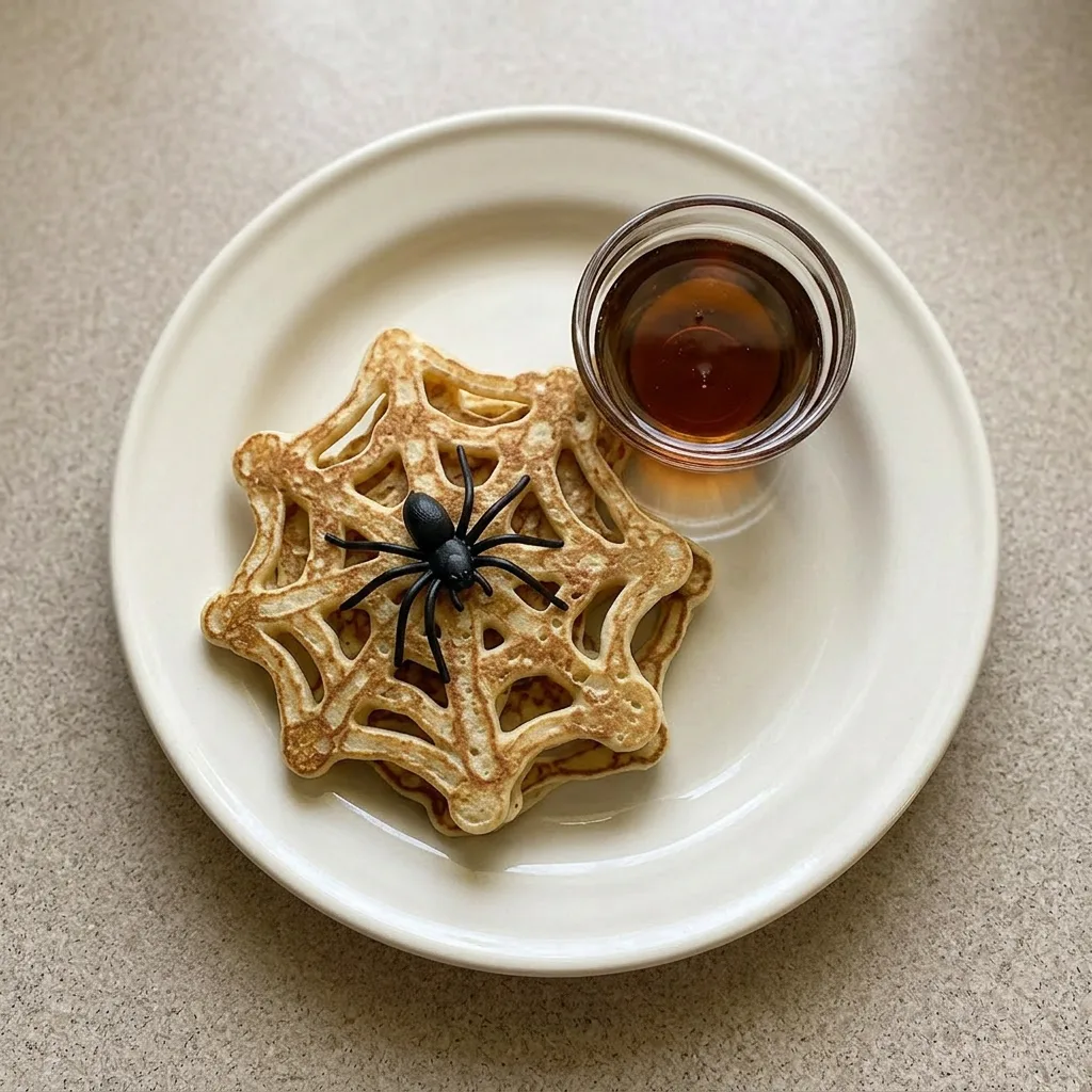Ready to serve: a stack of spiderweb pancakes with syrup and butter, seen from a low angle.