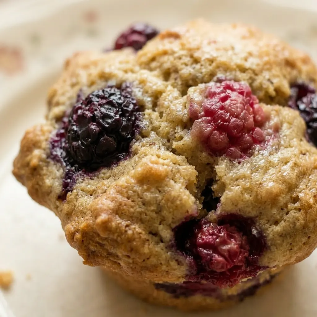 Macro detail of a muffin's crumb structure with berry pieces and a glossy vanilla-speckled surface.