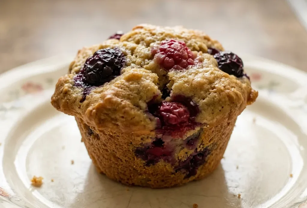 Top-down look at a muffin with mixed berries visible on top, golden brown dome.