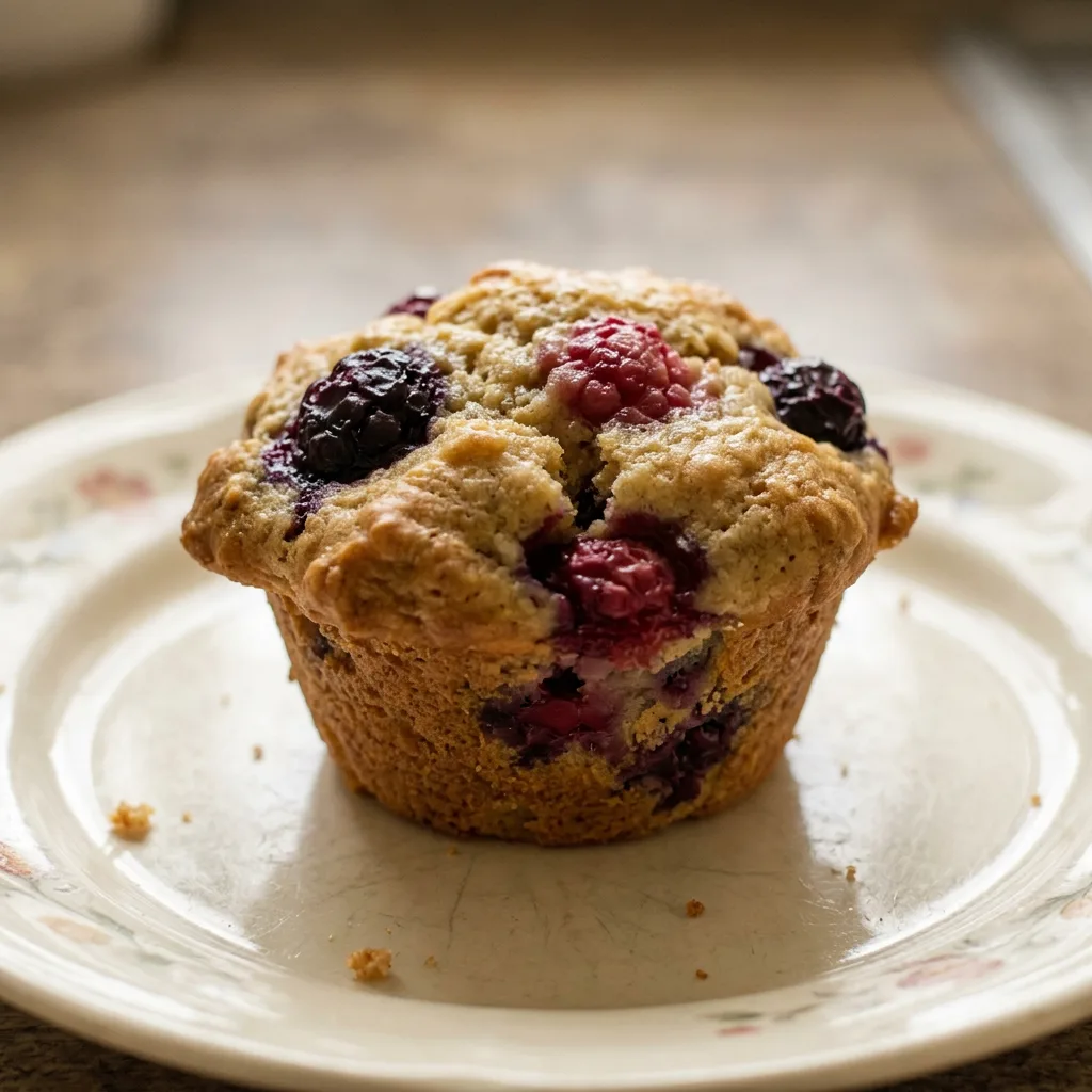 Top-down look at a muffin with mixed berries visible on top, golden brown dome.