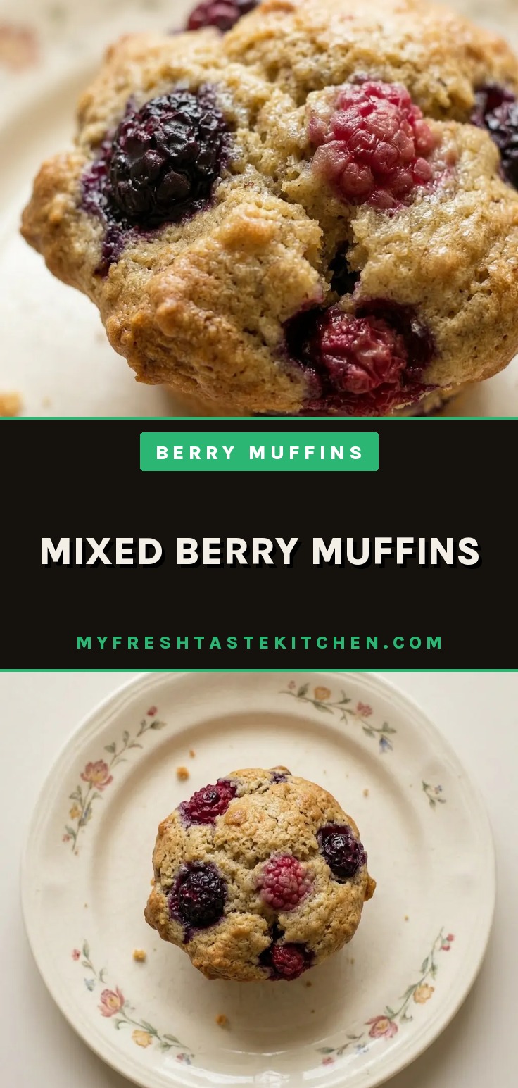 Top-down look at a muffin with mixed berries visible on top, golden brown dome.