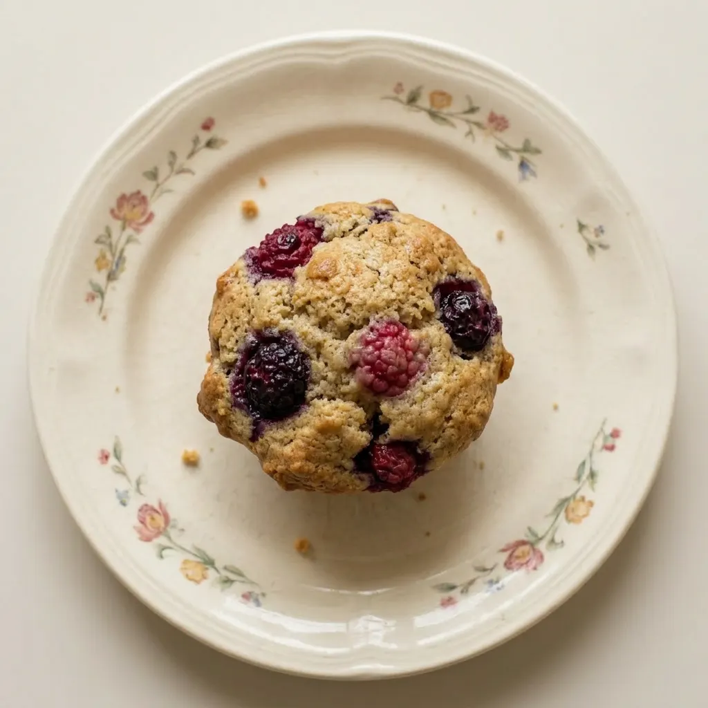 A serving of a muffin with mixed berries peeking through the golden top.