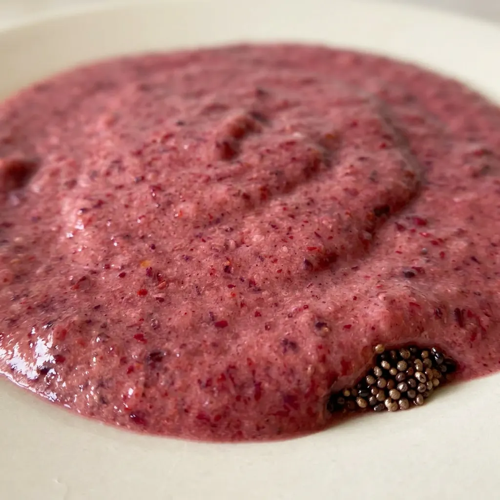 Up close, a creamy purple smoothie with visible berry seeds, topped with a dollop of yogurt and a drizzle of almond milk.