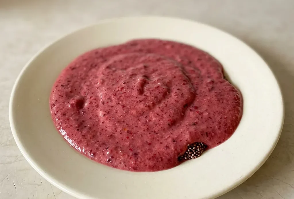 Looking down at a tall glass of purple smoothie topped with a few whole frozen berries and a banana slice.