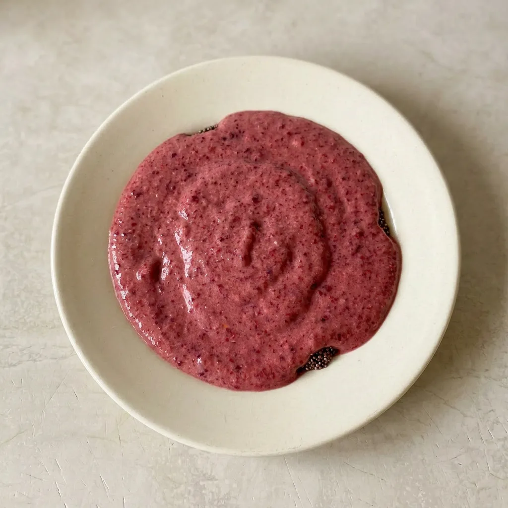A plate of a tall glass filled with mixed berry smoothie, garnished with a banana slice and a sprinkle of vanilla.