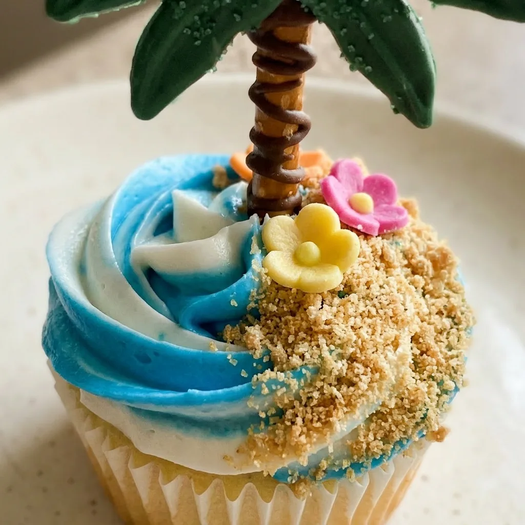 Close view of a cupcake topped with white and blue frosting, a pretzel stick, graham cracker sail, and candy flowers.