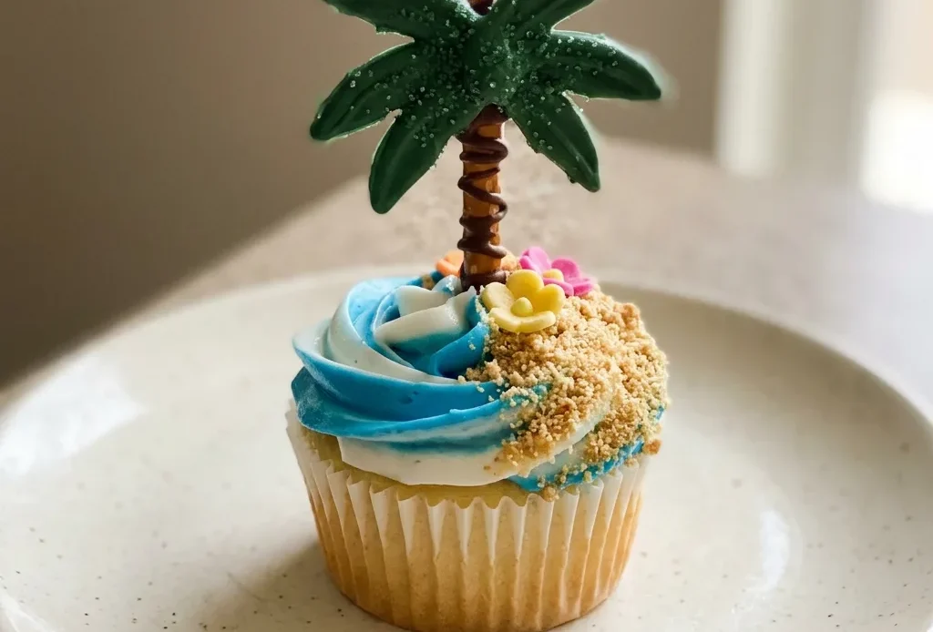 Overhead shot of a cupcake with white frosting, blue frosting swirl, pretzel stick mast, graham cracker sail, and yellow candy flowers.