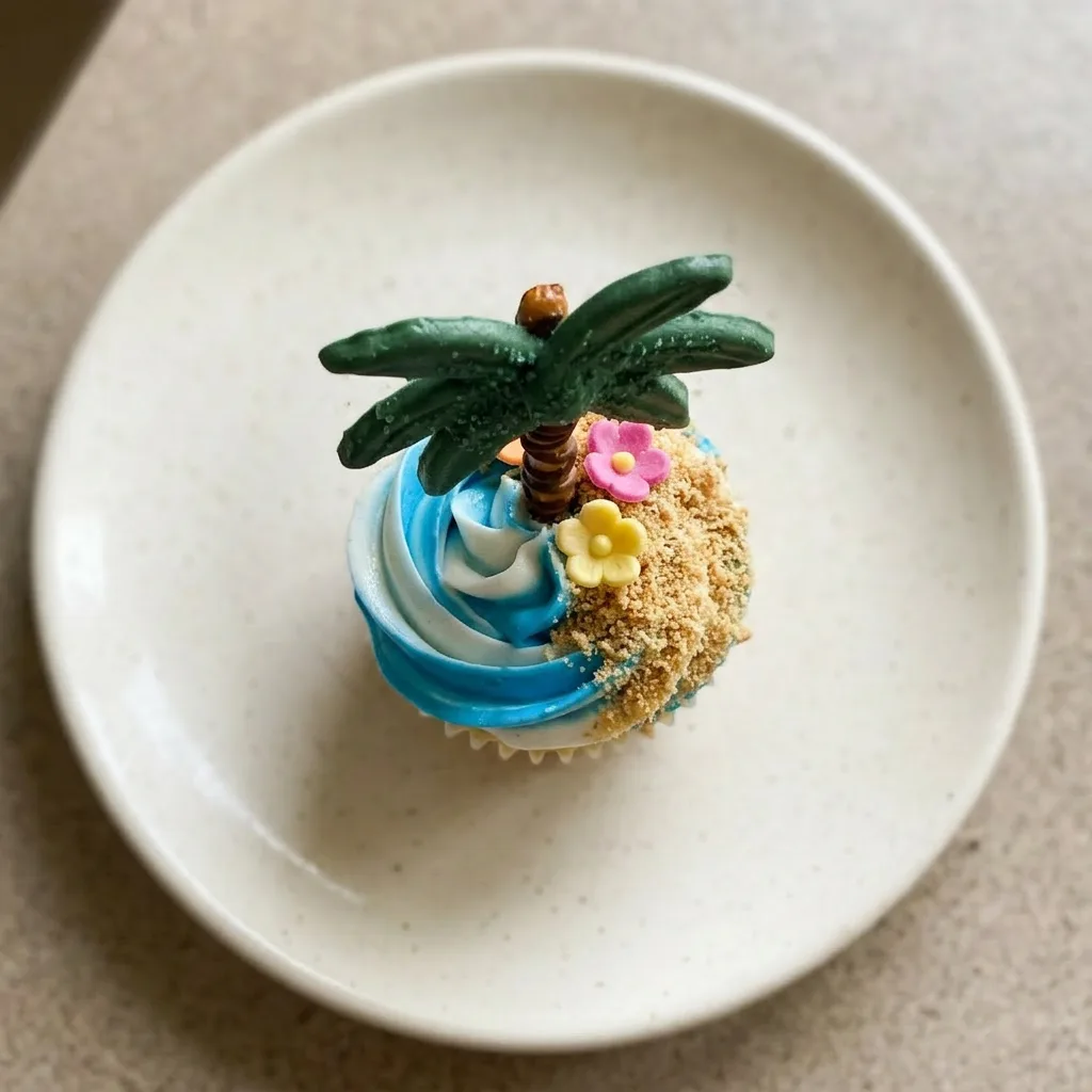 Plated cupcake featuring white and blue frosting, a pretzel stick, graham cracker sail, and candy flowers.
