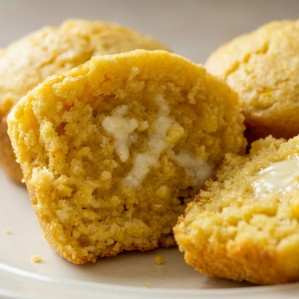 Up close, a cornbread muffin with a cracked top reveals yellow crumb and whole corn kernels, butter melting into the surface.