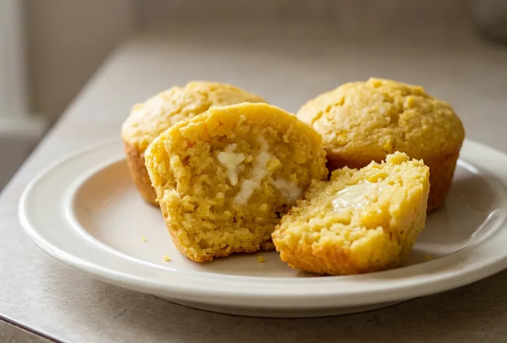 Looking down at two golden cornbread muffins with visible corn kernels, topped with a pat of melting butter.