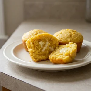 Looking down at two golden cornbread muffins with visible corn kernels, topped with a pat of melting butter.