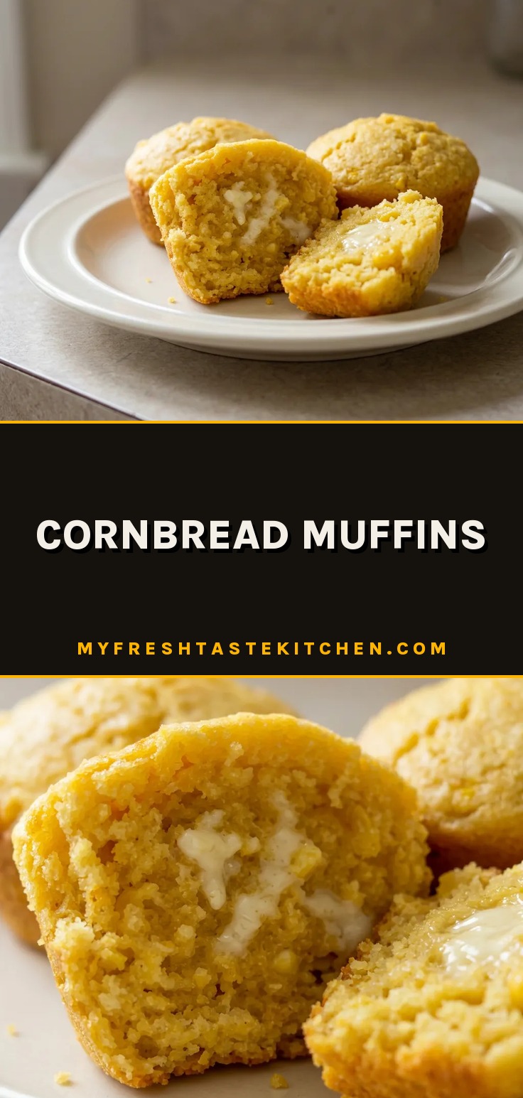 Looking down at two golden cornbread muffins with visible corn kernels, topped with a pat of melting butter.
