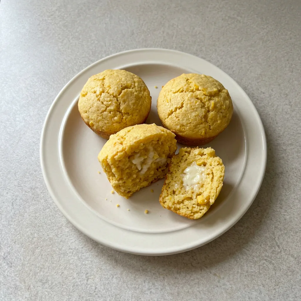 A plate of three cornbread muffins, lightly browned, with butter pats on top and a drizzle of honey.