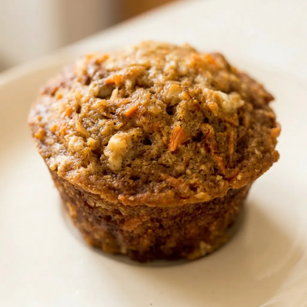 Macro detail of a muffin's surface showing grated carrot, apple chunks, crushed walnuts, and coconut, with a glossy honey-cinnamon coating.