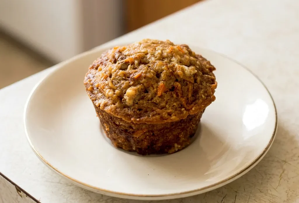 Top-down look at a round muffin with visible carrot shreds, apple pieces, walnut halves, and coconut flakes, topped with a cinnamon-honey drizzle.