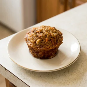 Top-down look at a round muffin with visible carrot shreds, apple pieces, walnut halves, and coconut flakes, topped with a cinnamon-honey drizzle.