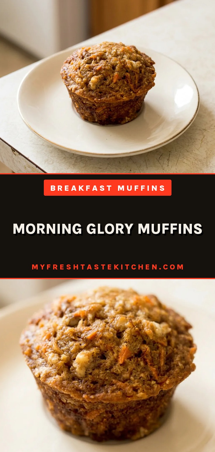 Top-down look at a round muffin with visible carrot shreds, apple pieces, walnut halves, and coconut flakes, topped with a cinnamon-honey drizzle.