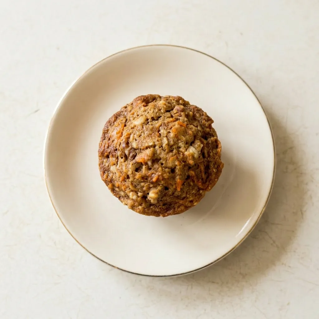 A serving of a golden-brown muffin studded with carrot, apple, walnuts, and coconut, finished with a drizzle of honey and cinnamon.