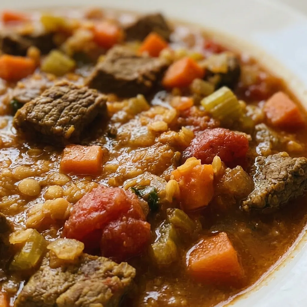 Macro detail of a spoonful of stew showing tender beef, red lentils, and a chunk of dried apricot in a thick reddish-brown sauce.