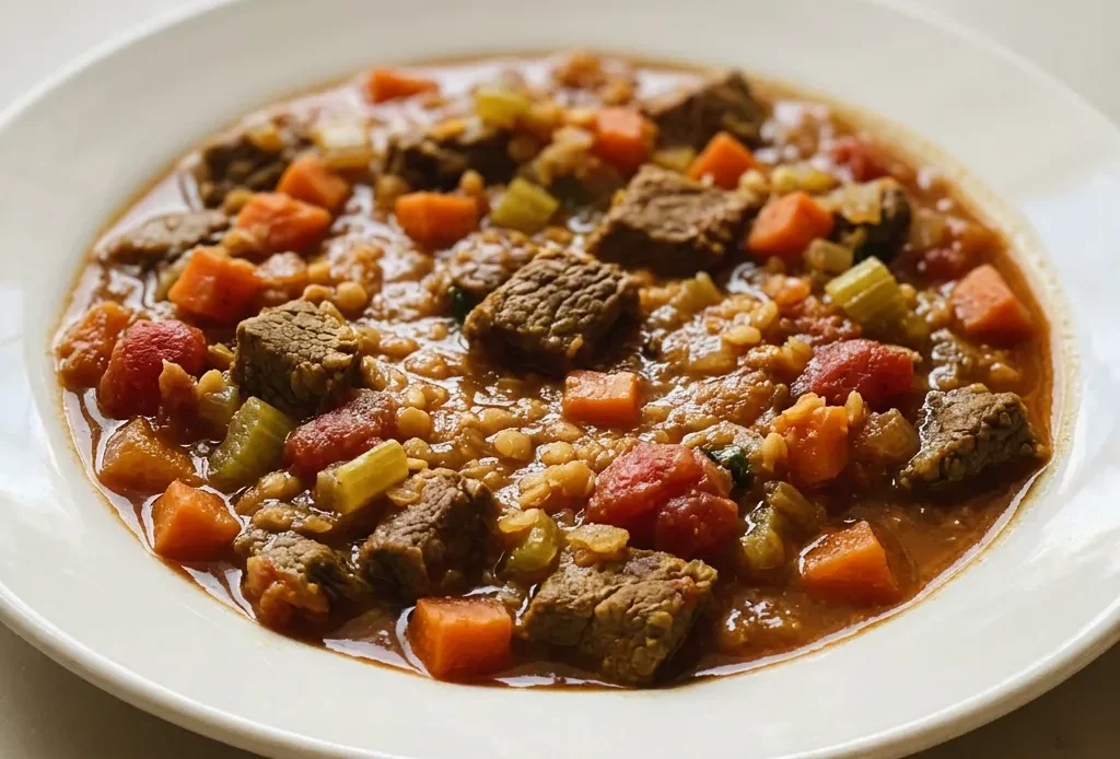 Top-down look at a bowl of beef and lentil stew with diced tomatoes, dried apricot pieces, and parsley scattered across the surface.