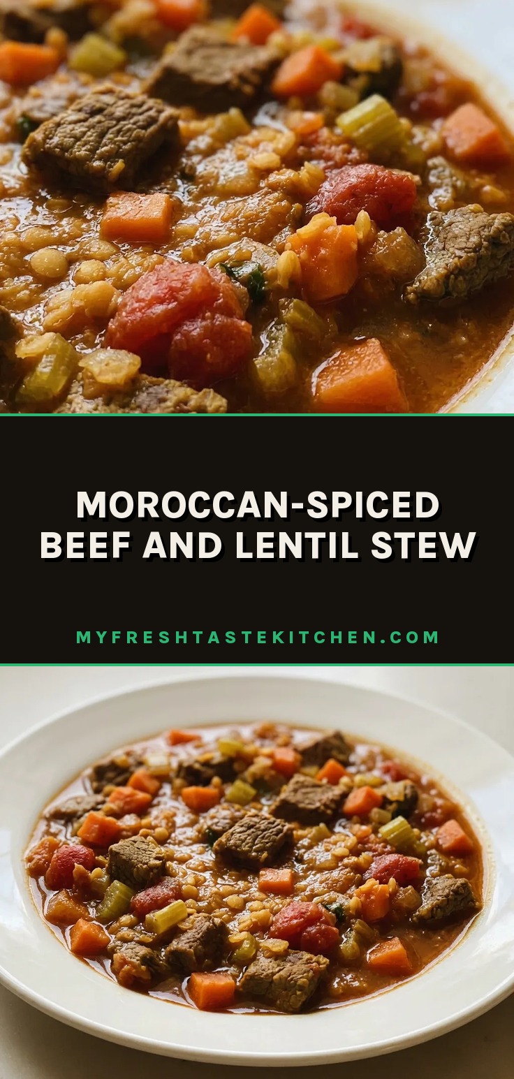 A bowl of Moroccan-Spiced Beef and Lentil Stew with beef stew meat, red lentils, and dried apricots, garnished with parsley.