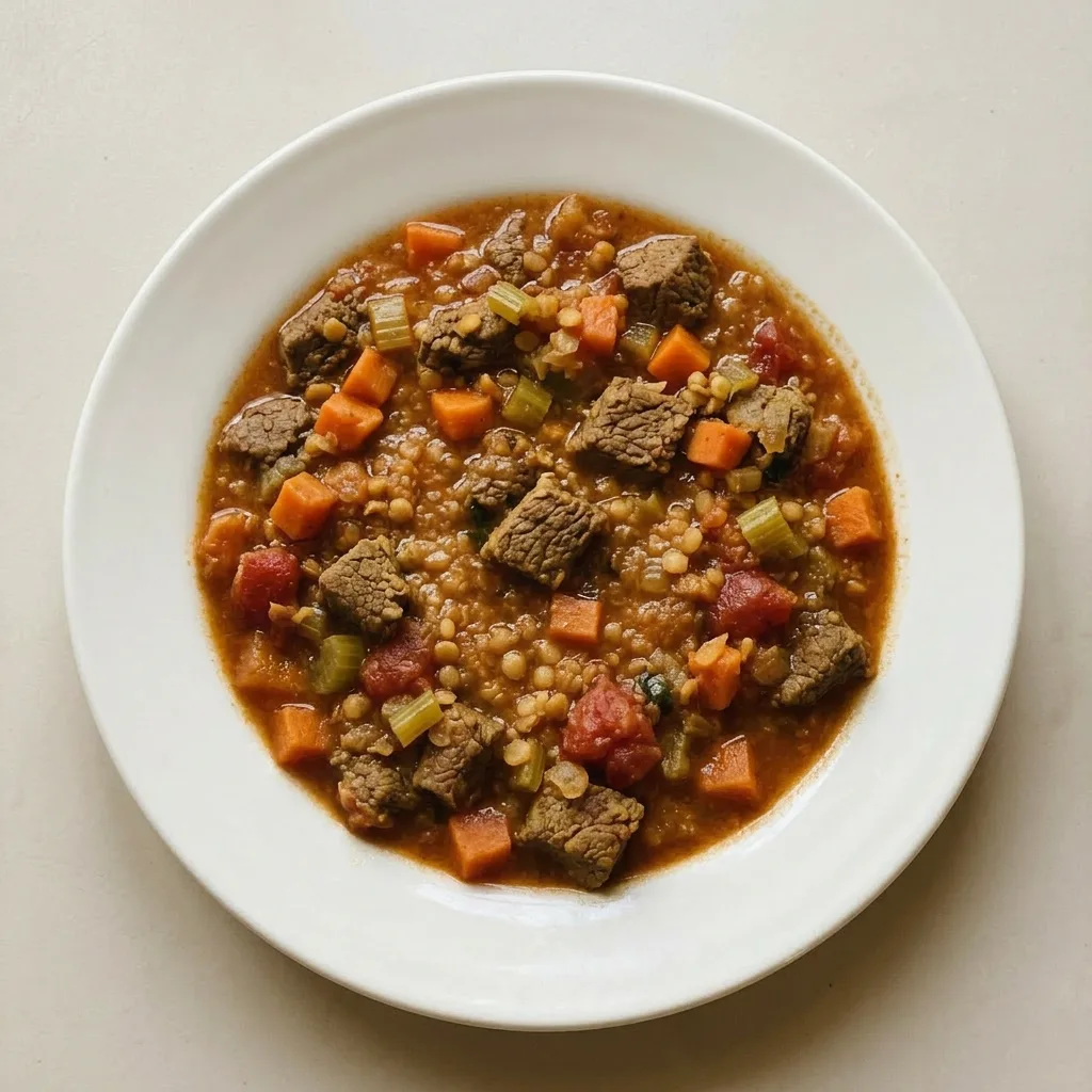 A serving of Moroccan-spiced stew in a shallow bowl, garnished with fresh parsley and visible chunks of beef and apricot.
