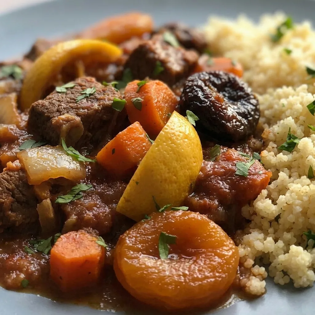 Up close, a tender beef piece with caramelized edges, surrounded by prunes, apricots, and a preserved lemon slice, garnished with coriander.