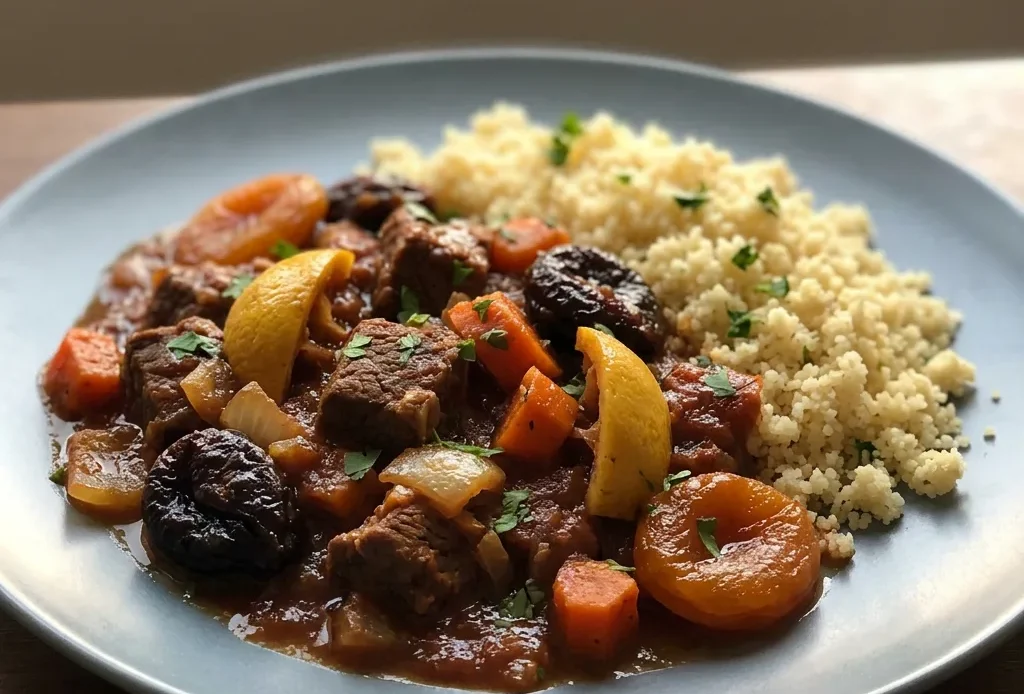 Looking down at a tagine with beef, carrots, prunes, and dried apricots in a spiced sauce, topped with fresh coriander.