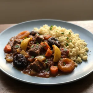 Looking down at a tagine with beef, carrots, prunes, and dried apricots in a spiced sauce, topped with fresh coriander.