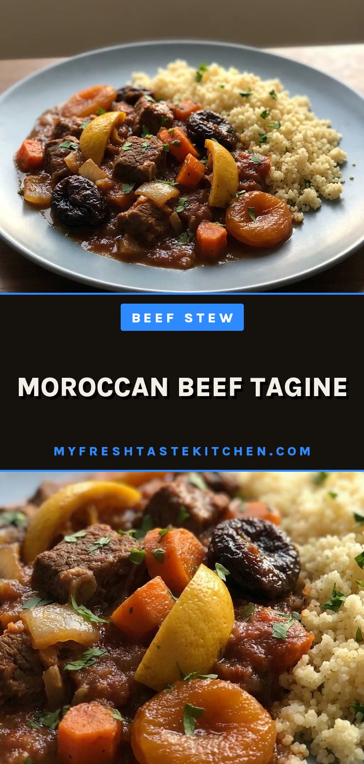 Moroccan beef tagine stew with beef, carrots, prunes, dried apricots, and preserved lemon, topped with fresh coriander.