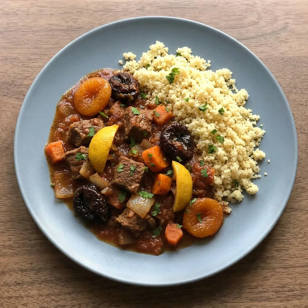 A plate of Moroccan beef tagine featuring chunks of beef, carrots, prunes, and dried apricots in a rich sauce, with fresh coriander on top.