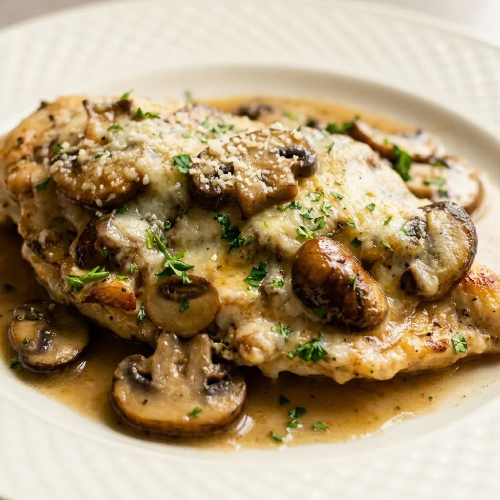 Close view of chicken breast with bubbling mozzarella, sliced mushrooms, and a white wine sauce, finished with parmesan.