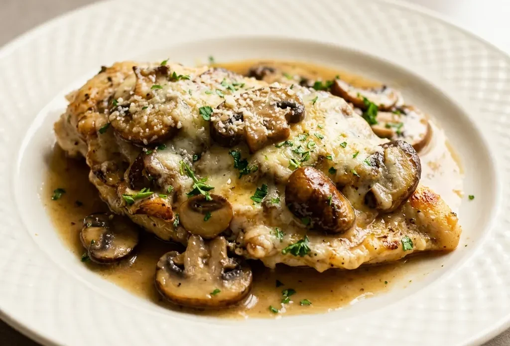 Overhead shot of chicken topped with melted mozzarella, mushrooms, and white wine sauce, garnished with parmesan.