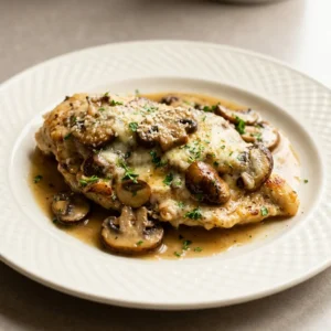 Overhead shot of chicken topped with melted mozzarella, mushrooms, and white wine sauce, garnished with parmesan.