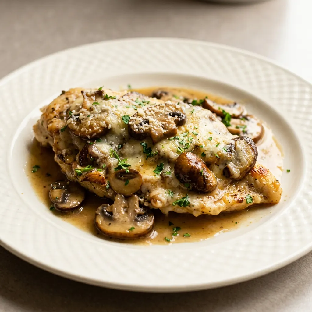 Overhead shot of chicken topped with melted mozzarella, mushrooms, and white wine sauce, garnished with parmesan.