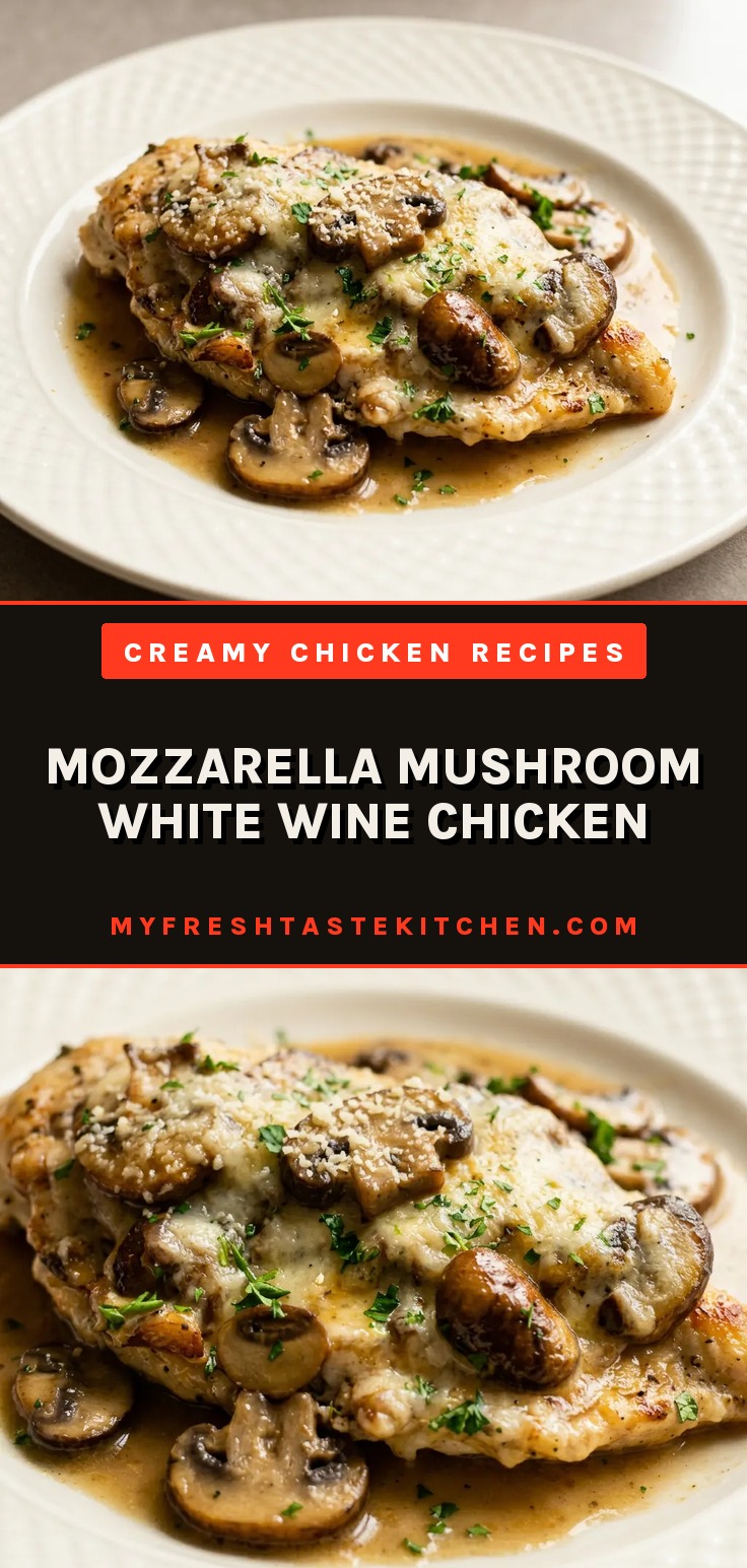Overhead shot of chicken topped with melted mozzarella, mushrooms, and white wine sauce, garnished with parmesan.