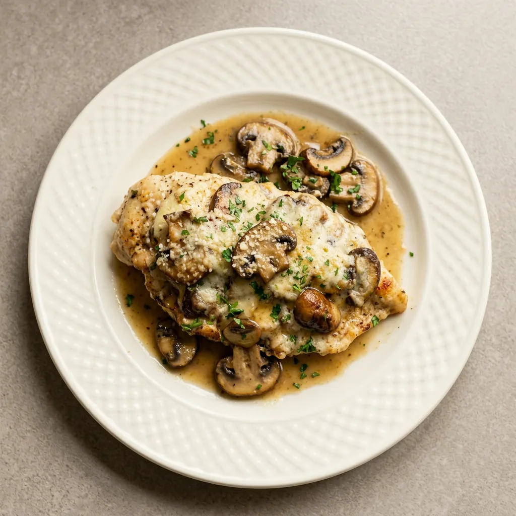 Plated chicken with mozzarella, mushrooms, and white wine sauce, sprinkled with parmesan.