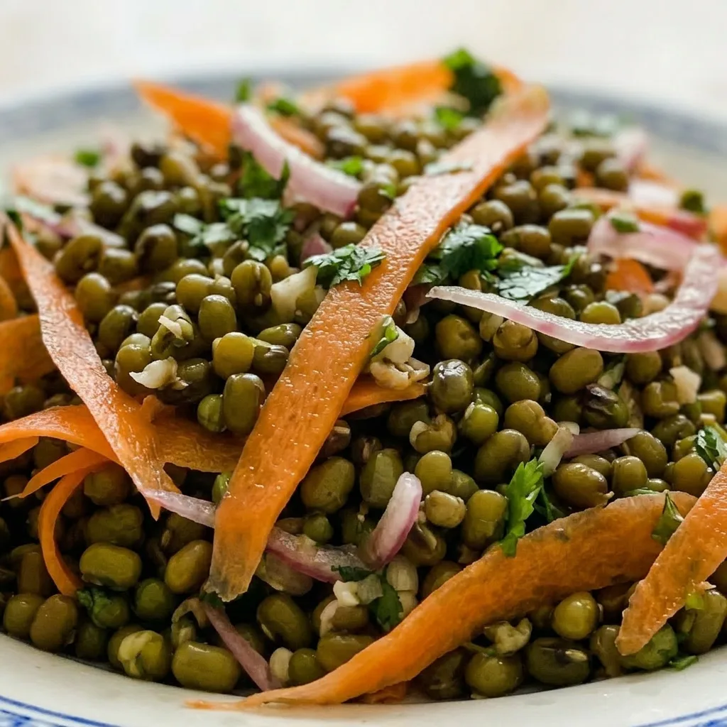 Up close, mung beans mixed with orange carrot cubes and purple red onion, coated in cider vinegar and speckled with chili flakes and cilantro leaves.
