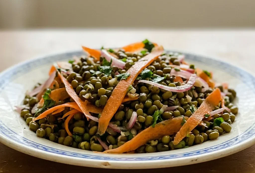 Looking down at a bowl of mung bean salad with diced carrots, red onion, and cilantro, dressed in cider vinegar with chili flakes scattered on top.