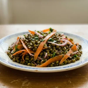 Looking down at a bowl of mung bean salad with diced carrots, red onion, and cilantro, dressed in cider vinegar with chili flakes scattered on top.
