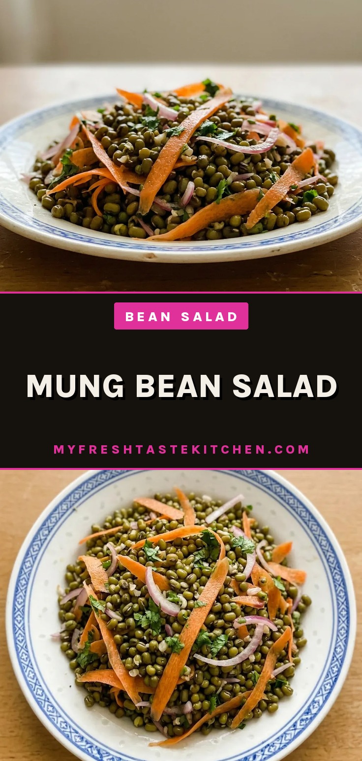Mung bean salad with orange carrot ribbons, red onion slivers, and green cilantro leaves.