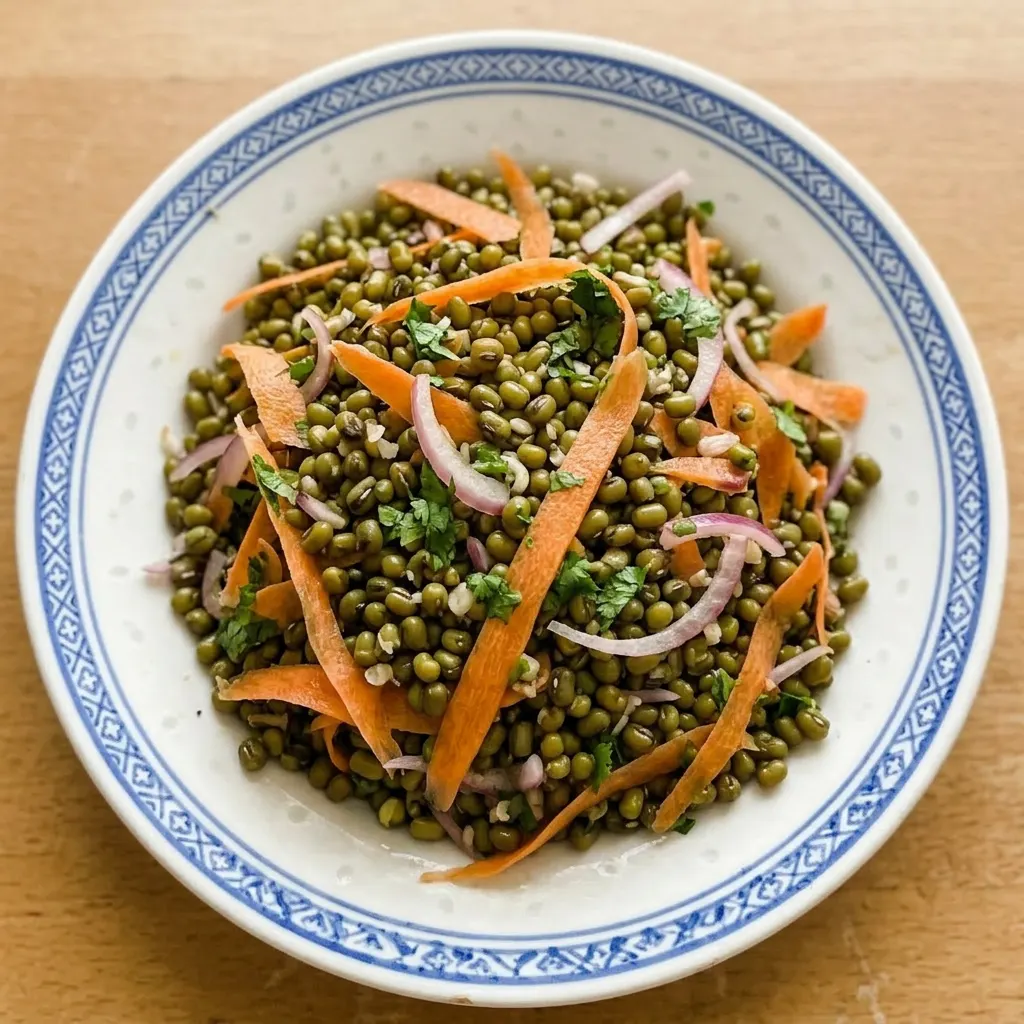 A plate of mung bean salad featuring green beans, orange carrots, and red onion, garnished with fresh cilantro and chili flakes.