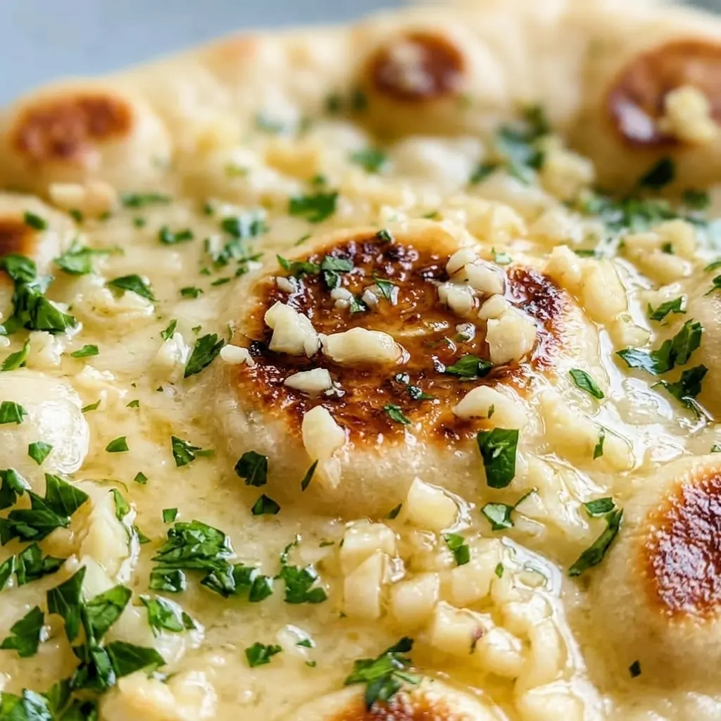 Close view of a naan bread with melted butter and garlic bits, showing a crispy edge.