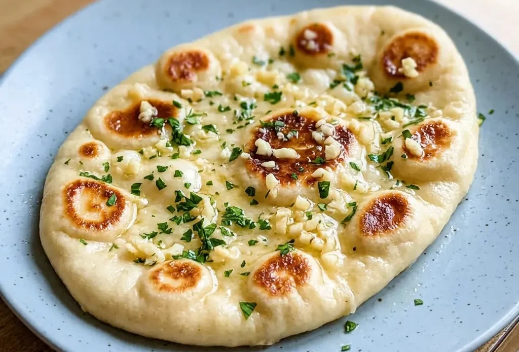 Overhead shot of a round naan bread with butter and garlic pieces on top.