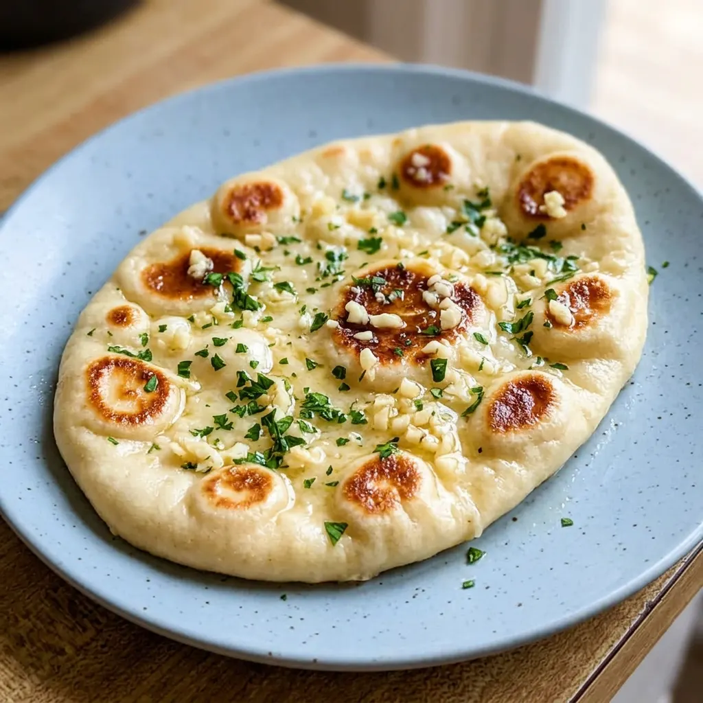 Overhead shot of a round naan bread with butter and garlic pieces on top.