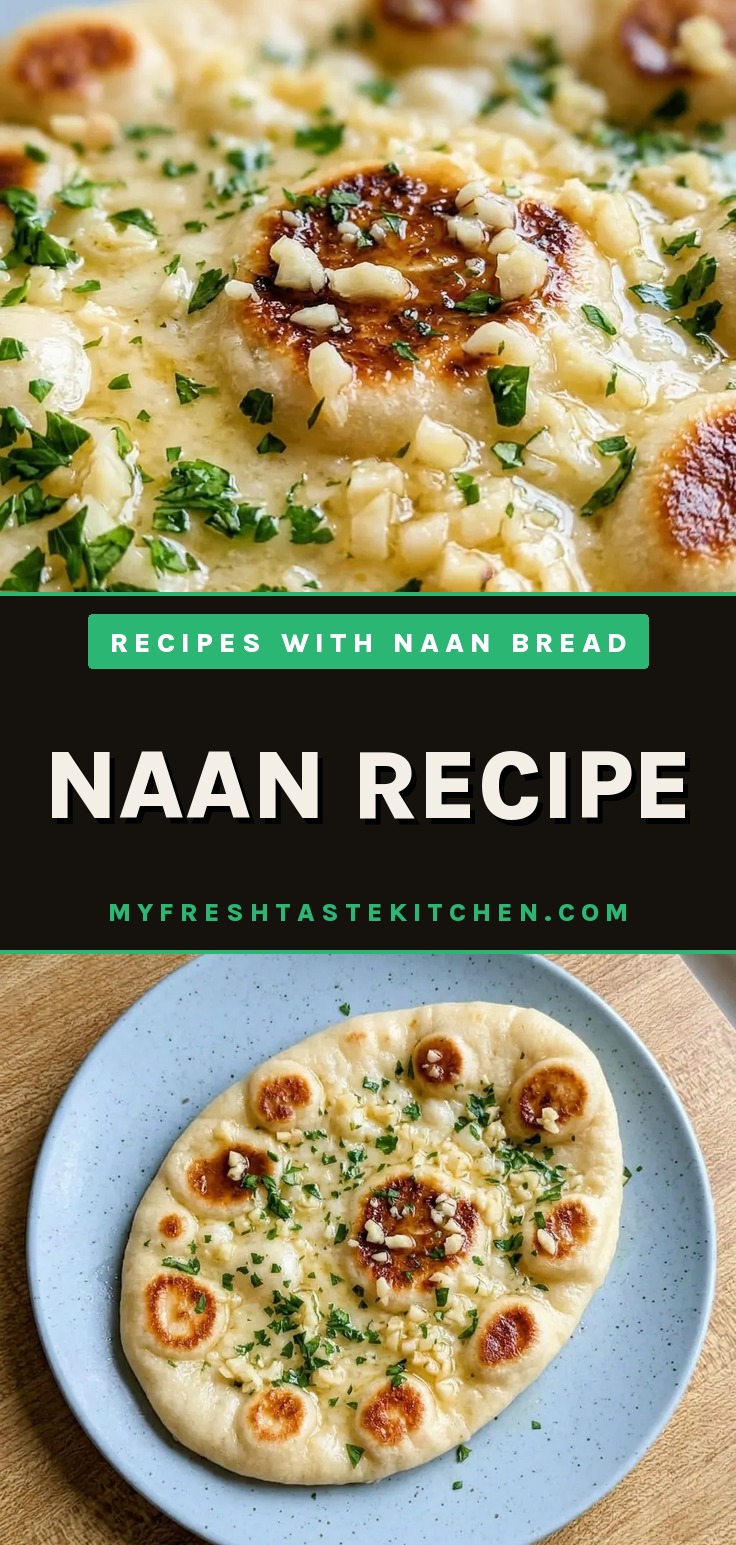 Overhead shot of a round naan bread with butter and garlic pieces on top.