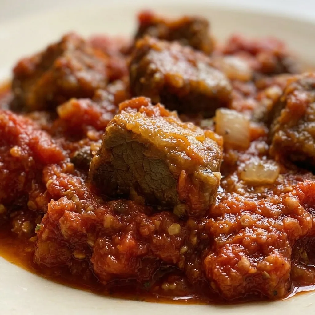 Zoomed in on thick red gravy coating tender beef, with visible oregano and thyme flakes.