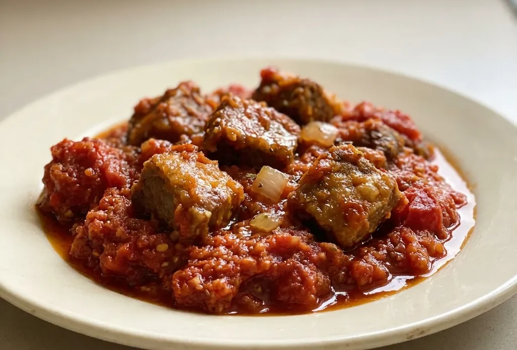 Bird's-eye view of a red stew with beef chunks, tomato pieces, and green herbs in a dark sauce.