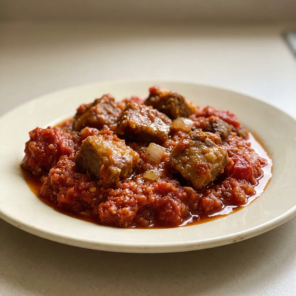 Bird's-eye view of a red stew with beef chunks, tomato pieces, and green herbs in a dark sauce.